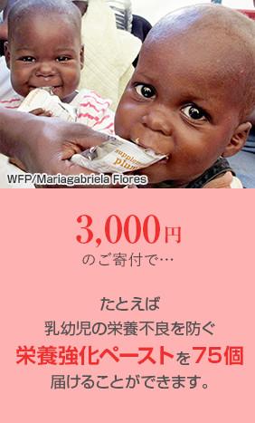 3,000円のご寄付で…たとえば乳幼児の栄養不良を防ぐ栄養強化ペーストを75個届けることができます。